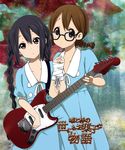  alternate_hairstyle bad_id bad_pixiv_id bdsm bespectacled black_hair bondage bound bound_wrists braid brown_eyes brown_hair dress fender_mustang glasses guitar hirasawa_yui holding_hands instrument interlocked_fingers k-on! k-on!_movie long_hair multiple_girls nakano_azusa official_style ragho_no_erika short_hair singing! translated twin_braids 