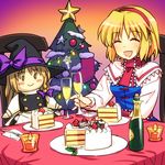  alcohol alice_margatroid blonde_hair cake candle character_doll christmas christmas_tree closed_eyes doll dress food glass hairband kirisame_marisa lonely short_hair smile solo touhou wine yuuki_keisuke 