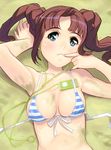  armpits bad_id bad_pixiv_id bikini blue_eyes breasts brown_hair cleavage digital_media_player earbuds earphones front-tie_top idolmaster idolmaster_(classic) in_swimsuit ipod ipod_nano lying masao medium_breasts on_back open_mouth sand shiny shiny_skin solo swimsuit takatsuki_yayoi twintails upper_body 