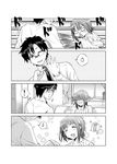  1boy 1girl :&lt; blush closed_eyes comic glasses greyscale hairband idolmaster idolmaster_(classic) mole mole_under_mouth monochrome o_o one_eye_closed otonashi_kotori producer_(idolmaster_anime) sakayama_shinta smile spoken_object 