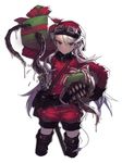  bag blue_hair boots cowboy_shot cropped_legs demon_girl earrings elf gift gloves goggles goggles_on_head hat horns jewelry long_hair mckeee monster original pointy_ears santa_costume santa_hat shorts shoulder_bag solo sword tail tentacles thigh_boots thighhighs weapon white_hair 