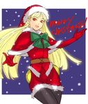  black_legwear blonde_hair capcom_fighting_jam christmas english gloves hat ingrid long_hair miniskirt pantyhose red_eyes red_gloves ribbon santa_costume santa_hat skirt solo street_fighter tetsu_(kimuchi) 