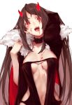  :d absurdres arm_up bangs black_dress blood blood_on_face blood_stain blush breasts brown_hair center_opening choker consort_yu_(fate) cyta_celest dress fate/grand_order fate_(series) fur_collar head_tilt highres horns long_hair looking_at_viewer navel open_mouth red_eyes sidelocks simple_background smile solo teeth upper_body white_background wide_sleeves 