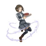  1girl :o black_legwear blue_eyes boots brown_dress brown_footwear brown_hair cake dress food full_body hair_ornament holding holding_plate long_sleeves official_art plate pleated_dress ronye_arabel senritsu_reishiki short_dress short_hair simple_background solo sword_art_online sword_art_online:_code_register thighhighs twintails uniform white_background zettai_ryouiki 