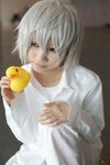  cosplay death_note dress_shirt haruta_mochiko highres near pants photo rubber_duck shirt short_hair silver_hair 