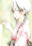  blue_eyes blush braid copyright_request hands japanese_clothes kimono solo traditional_media twin_braids watercolor_(medium) yuufuushi 