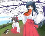  covering_mouth dango dog eating fan folding_fan food hakama hinooka_shuuji japanese_clothes miko multiple_girls original path puppy red_hakama road skewer tree wagashi 