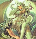  aquarian_age battle dragon fantasy helmet highres iwasaki_minako lance polearm scan solo valkyrie warrior weapon 