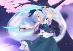  cherry_blossoms dual_wielding flower ghost hairband hitodama holding katana konpaku_youmu konpaku_youmu_(ghost) petals short_hair solo sword touhou weapon white_hair zeku_(furrock) 