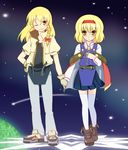  ;) alice_margatroid alternate_costume bangs belt blonde_hair blush boots cape capelet casual claude_kenni claude_kenni_(cosplay) cosplay denim gloves hand_on_hip hand_on_own_chest holding_hands jacket jeans kirisame_marisa miniskirt multiple_girls night night_sky nigo_(aozoragarou) one_eye_closed outdoors pants pleated_skirt red_cape rena_lanford rena_lanford_(cosplay) ribbon shirt shoes skirt sky smile sneakers star_(sky) star_ocean star_ocean_the_second_story starry_sky thighhighs touhou vest walking white_legwear zettai_ryouiki 