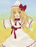  :d artist_request blush bow bowtie cowboy_shot dress hat hat_bow lily_white long_sleeves looking_at_viewer open_mouth outstretched_arms red_bow red_neckwear smile solo spread_arms standing tareme touhou white_dress 
