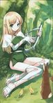  bird blonde_hair bunny elf green_eyes halterneck harp highres instrument long_hair long_legs miniskirt pointy_ears sandals scan skirt solo thighhighs tiffania_westwood usatsuka_eiji zero_no_tsukaima 