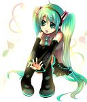  aqua_hair aqua_neckwear bangs eighth_note eyebrows_visible_through_hair hashimochi hatsune_miku long_hair musical_note necktie quarter_note sitting solo thighhighs twintails very_long_hair vocaloid 