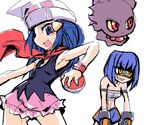  armband bandages beanie blue_eyes blue_hair blush_stickers boxing_gloves croagunk floating gen_2_pokemon gen_4_pokemon gloves hat hikari_(pokemon) holding holding_poke_ball kobayashi_tetsuya misdreavus moemon multiple_girls oekaki personification poke_ball poke_ball_(generic) pokemon pokemon_(creature) sarashi scarf shorts simple_background smile white_background yellow_eyes 