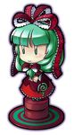  bow chibi dress frills front_ponytail full_body green_eyes hair_bow kagiyama_hina pillar puffy_short_sleeves puffy_sleeves red_bow red_dress shawl short_hair short_sleeves solo standing tonbery touhou wrist_cuffs 