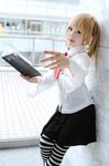  amane_misa book cosplay death_note death_note_(object) kipi-san nail_polish necktie photo real_life solo striped striped_legwear thighhighs 