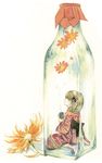  bottle copyright_request cup flower in_container japanese_clothes kimono minigirl sitting solo tea traditional_media watercolor_(medium) yuufuushi 