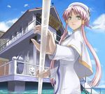  animal aria aria_pokoteng beret blue_sky building cat cloud day face green_eyes hair_tubes hat holding house long_hair mizunashi_akari outdoors paddle pink_hair pole shore short_hair_with_long_locks sidelocks sky solo standing tea_(nakenashi) very_long_hair water 