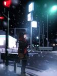  bag black_hair breath gloves hair_ornament hairclip handbag kishida_mel lamppost original pantyhose road scarf short_hair snow solo street 