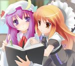  :&lt; adapted_costume blonde_hair book grin hand_on_shoulder hat hat_removed headwear_removed holding holding_book kirisame_marisa long_hair multiple_girls open_book orange_eyes orange_hair patchouli_knowledge purple_eyes purple_hair smile touhou wapokichi 