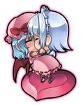  bangs bat_wings blue_hair blush bow braid carrying chibi closed_eyes couple hat heart izayoi_sakuya kiss multiple_girls pink_hat remilia_scarlet short_hair silver_hair tonbery touhou wings yuri 