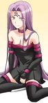  bare_shoulders bobu_jr breasts cleavage collar detached_sleeves dress fate/stay_night fate_(series) gloves limit_break long_hair medium_breasts purple_eyes purple_hair rider solo strapless strapless_dress thighhighs 