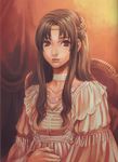  braid brown_eyes brown_hair copyright_request dress half_updo highres iwasaki_minako jewelry long_hair necklace scan sitting solo upper_body 