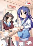  asakura_ryouko blue_sailor_collar cat genderswap genderswap_(mtf) headphones k_hiro kita_high_school_uniform kyonko long_sleeves multiple_girls radio_booth sailor_collar school_uniform serafuku suzumiya_haruhi_no_yuuutsu 