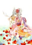 animal copyright_request japanese_clothes kimono leaf reindeer soaking_feet solo traditional_media water watercolor_(medium) yuufuushi 