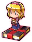  alice_margatroid blonde_hair blue_eyes book capelet chibi doll frills full_body grimoire hairband holding shanghai_doll short_hair simple_background solo standing tonbery touhou white_background 