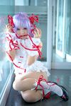  al_azif cosplay cuffs demonbane dress footwear frills hair_ribbon hair_ribbons highres kipi-san photo purple_hair ribbon ribbons ruffles socks 