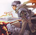  aquarian_age armor fantasy fire iwasaki_minako male_focus polearm scan scarf solo spear warrior weapon 