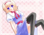  alice_margatroid argyle argyle_background belt black_legwear blonde_hair blue_dress blush dress hairband looking_at_viewer puffy_short_sleeves puffy_sleeves shirotsuki_kouta short_hair short_sleeves simple_background solo tareme thighhighs touhou zettai_ryouiki 