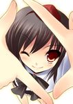  bangs black_hair finger_frame foreshortening hands hat looking_at_viewer one_eye_closed red_eyes shameimaru_aya short_hair smile solo touhou yukizuki_chikuba 