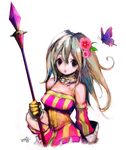  belt blonde_hair bug butterfly copyright_request detached_sleeves flower insect komaki_megumi polearm purple_eyes solo weapon 
