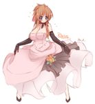  blue_eyes blush breasts brown_hair choker cleavage curtsey dress elbow_gloves embarrassed flower formal gloves high_heels huge_breasts long_hair mel/a original rintys shoes solo 