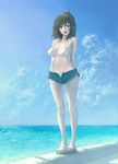  arms_behind_back bikini blue_eyes brown_hair chiki_(botsugo) cloud day denim denim_shorts midriff open_fly original sandals short_hair shorts solo swimsuit unzipped water 