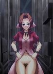  1girl :q aeris_gainsborough aerith_gainsborough alley blue_eyes brown_hair drill_hair ereraero final_fantasy final_fantasy_vii hair_ribbon jacket licking_lips long_hair looking_at_viewer no_panties open_clothes pubic_hair ribbon solo thigh_gap tongue tongue_out 