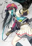  1girl belt_buckle black_hair buckle green_eyes grey_background hat holding holding_weapon katana long_hair nail_polish necktie ogino_(oginogino) original scabbard school_uniform sheath simple_background skirt solo sword thighhighs weapon 