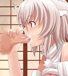  1boy 1girl bare_shoulders blush censored cum cum_in_mouth detached_sleeves hetero inubashiri_momiji momiji_inubashiri mosaic_censoring oral penis red_eyes solo_focus touhou white_hair wolf_ears 