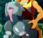  all_fours arms_tied big_breasts big_nipples bound breasts cdi doggystyle female from_behind long_nipples looking_up nintendo nipples open_mouth penetration pok&#233;mon pokemon scrafty sex tongue tongue_out video_games zoroark 