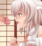  1boy 1girl bare_shoulders blush censored cum cum_in_mouth detached_sleeves facial hetero inubashiri_momiji momiji_inubashiri mosaic_censoring oral penis pom_pom_(clothes) red_eyes solo_focus touhou white_hair wolf_ears 