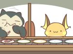  2018 duo food nintendo pok&eacute;mon pok&eacute;mon_(species) raichu rairai-no26-chu snorlax sushi video_games 