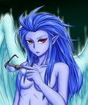  blue_hair blue_skin breasts duel_monster fabled_kushano feathers genderswap glasses long_hair nude pataniito pataryouto pointy_ears red_eyes skull wings yu-gi-oh! yuu-gi-ou_duel_monsters 