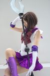  bishoujo_senshi_sailor_moon boots cosplay elbow_gloves fang glaive gloves highres kumi pantyhose photo polearm sailor_saturn silence_glaive tomoe_hotaru weapon 