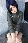  blue_hair chrome_dokuro cosplay eyepatch female highres kateikyoushi_hitman_reborn katekyo_hitman_reborn! namada photo pleated_skirt sitting skirt solo 