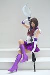  bishoujo_senshi_sailor_moon boots cosplay elbow_gloves fang glaive gloves highres kumi pantyhose photo polearm sailor_saturn silence_glaive tomoe_hotaru weapon 