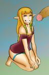  1girl bare_shoulders barefoot blonde_hair blue_eyes facial grin hair_ribbon hetero highres huge_penis kneeling lm_(legoman) long_hair panties panty_pull penis pointy_ears princess_zelda ribbon sidelocks smile the_legend_of_zelda the_legend_of_zelda:_skyward_sword underwear 