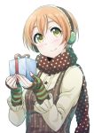 1girl ayumu-k blush box breasts closed_mouth earmuffs fingerless_gloves gift gift_box gloves hoshizora_rin long_sleeves love_live! love_live!_school_idol_project orange_hair scarf short_hair simple_background small_breasts smile solo upper_body white_background yellow_eyes 