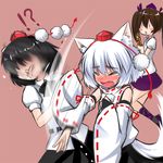  3girls animal_ears bare_shoulders black_hair blush blush_stickers brown_hair closed_eyes commentary detached_sleeves fang hat himekaidou_hatate inubashiri_momiji motion_blur multiple_girls open_mouth shameimaru_aya short_hair simple_background slapping tail tears tokin_hat touhou twintails wide_sleeves wolf_ears wolf_tail wolflong |_| 